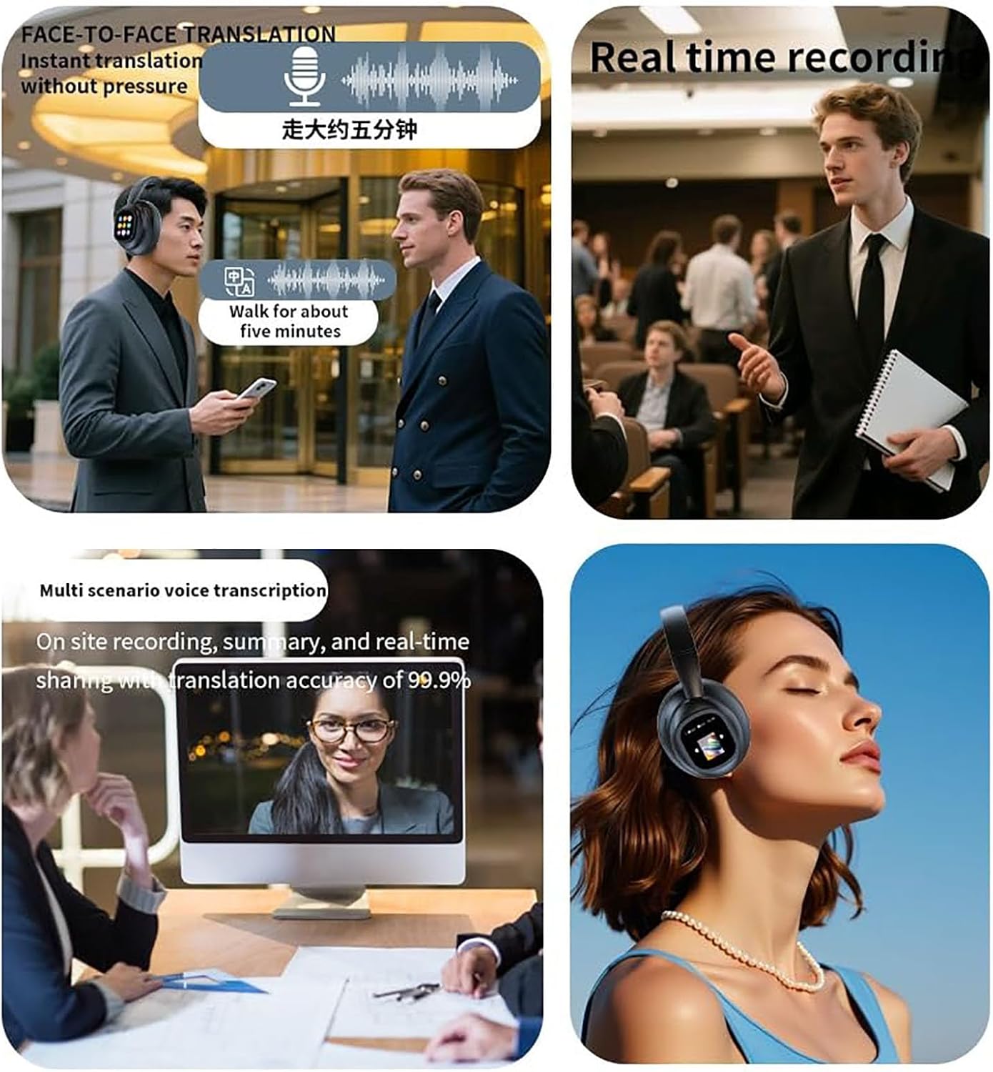 AI Touch Screen Over-Ear Wireless Bluetooth Headphones with Noise Reduction