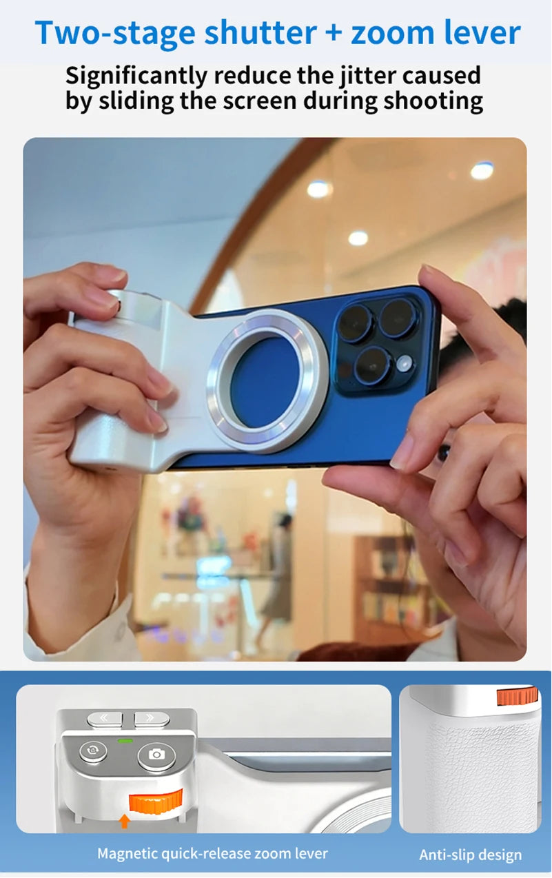 Person holding a smartphone with a two-stage shutter and zoom lever feature, set against a blurred indoor background.