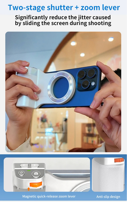 Person holding a smartphone with a two-stage shutter and zoom lever feature, set against a blurred indoor background.