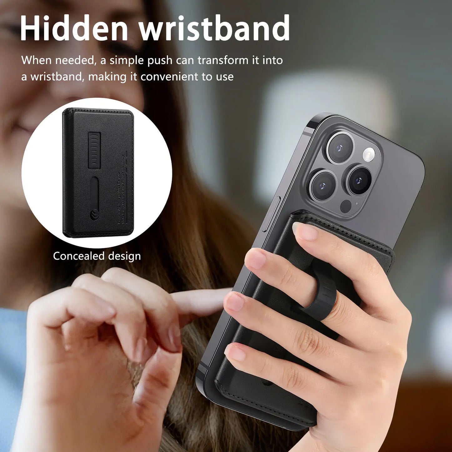 MagSafe Magnetic Wallet Card Holder with Card Slot and Finger Strap