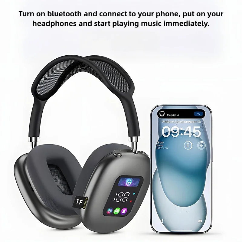 Smart Display Bluetooth 5.3 Over-Ear Headphones with Digital Screen Control and Long Battery Life