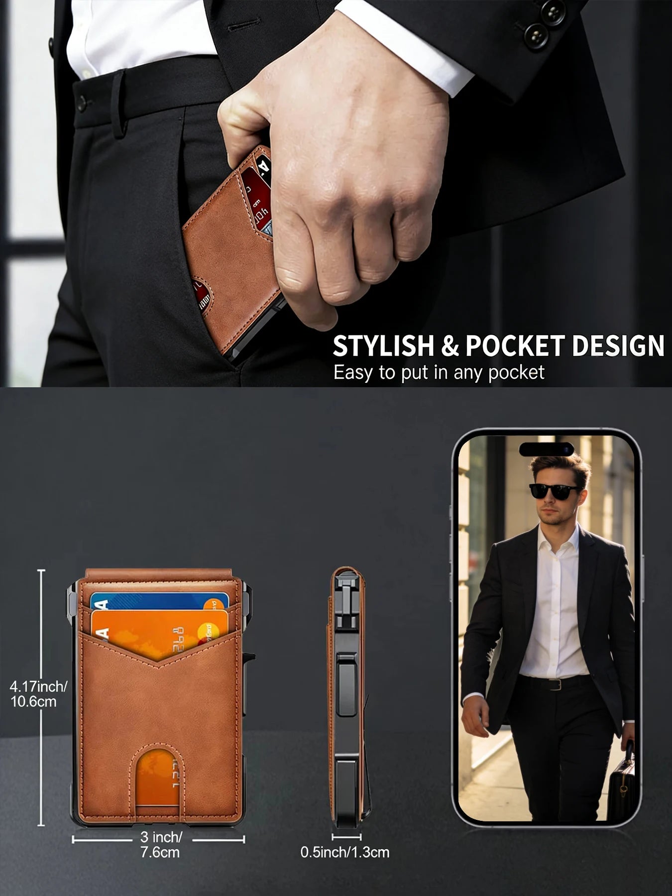 Minimalist Compact Leather Wallet RFID Blocking with Quick Access Card Case for Men