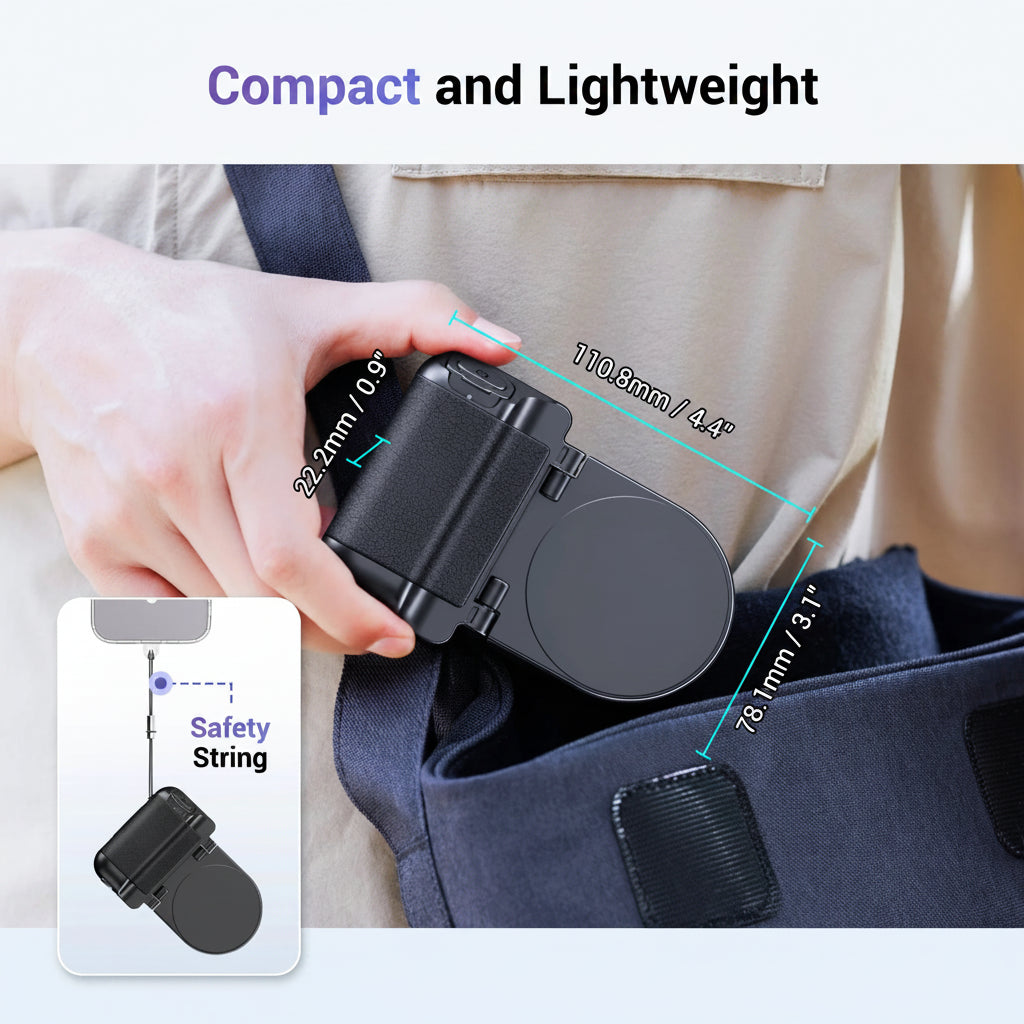 Compact camera lens with measurements and safety string feature, held by a hand.