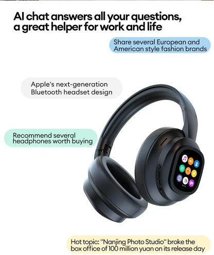 AI Touch Screen Over-Ear Wireless Bluetooth Headphones with Noise Reduction