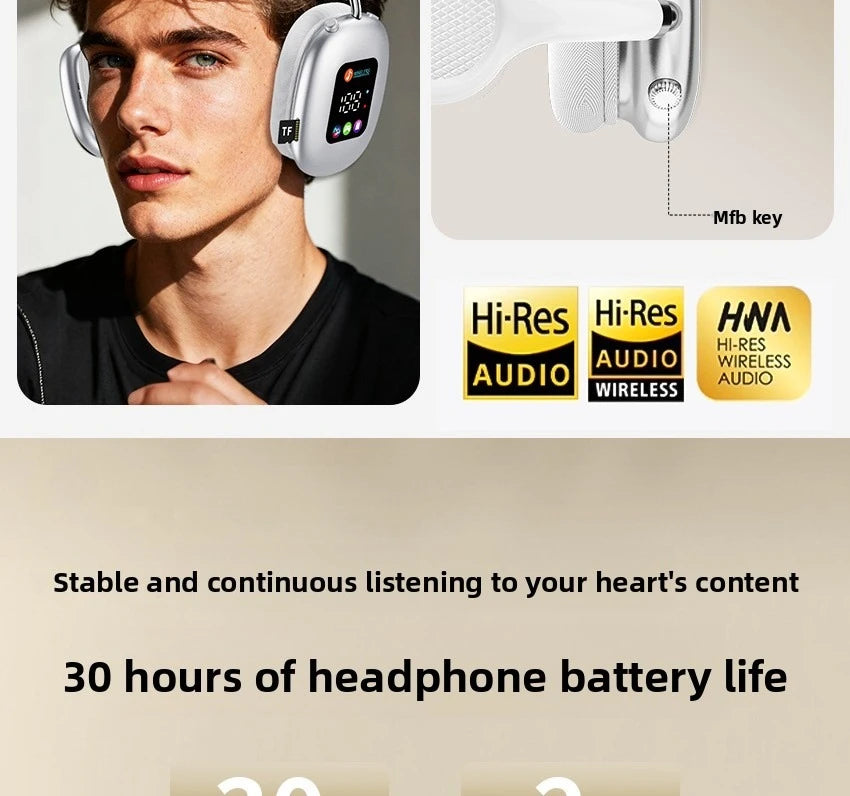 Smart Display Bluetooth 5.3 Over-Ear Headphones with Digital Screen Control and Long Battery Life