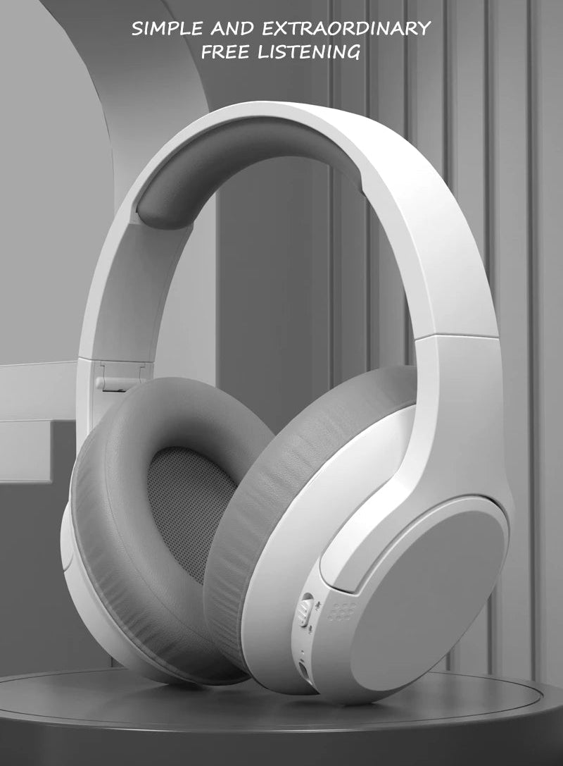 Gray Bluetooth wireless earphones on a black platform with a gray background