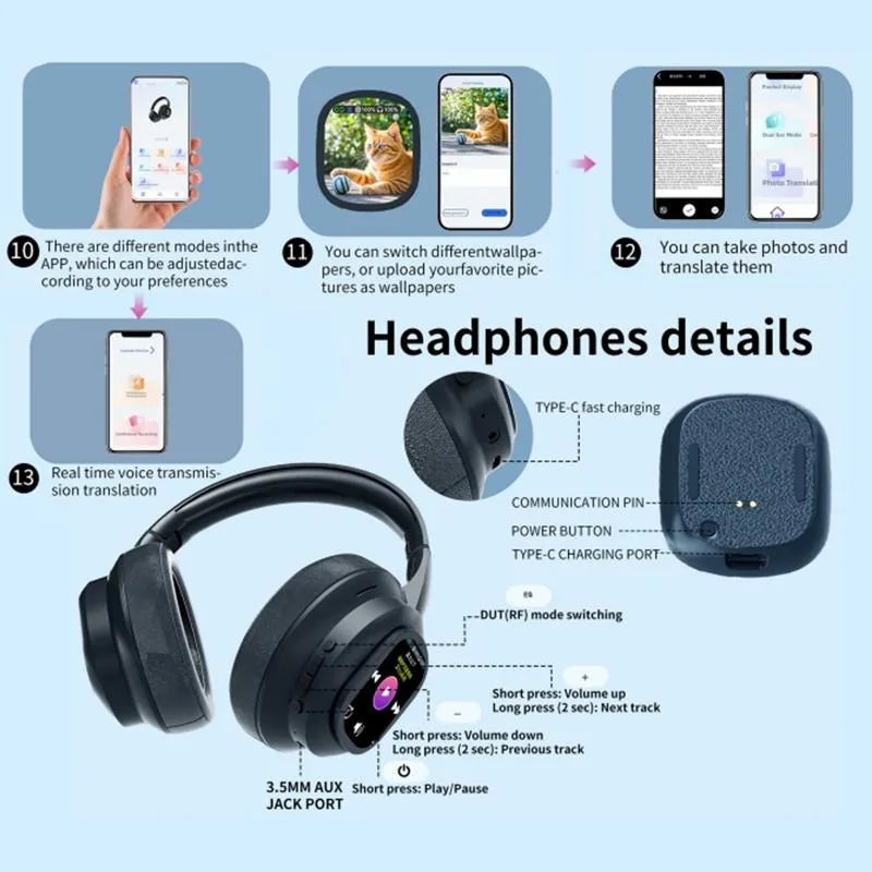AI Touch Screen Over-Ear Wireless Bluetooth Headphones with Noise Reduction