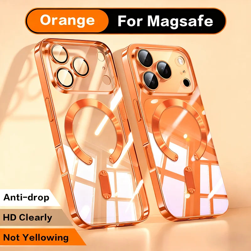 Fashion Orange Magnetic Clear Case For iPhone Air 17 16 15 14 13 12 11 Pro Max Plus Wireless Charge Plating Soft Business Cover