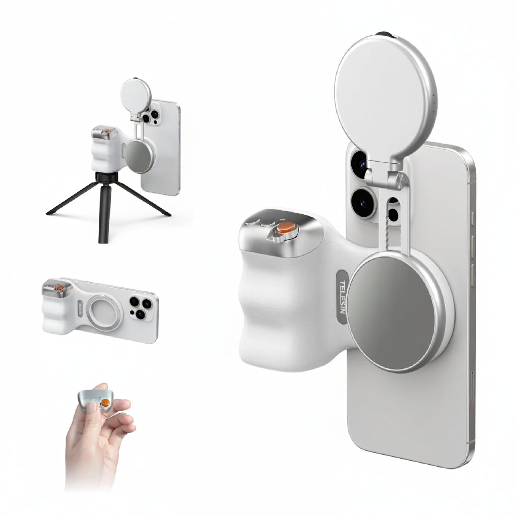 smartphone camera lens kit with remote control on a white background
