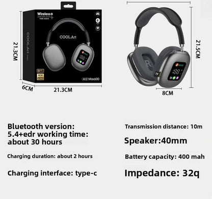 Smart Display Bluetooth 5.3 Over-Ear Headphones with Digital Screen Control and Long Battery Life