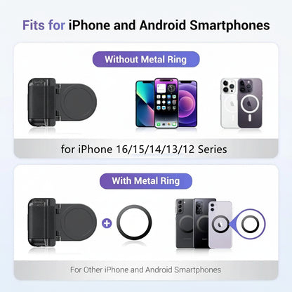 Smartphone holder compatibility with iPhone and Android devices, including models without and with metal rings.