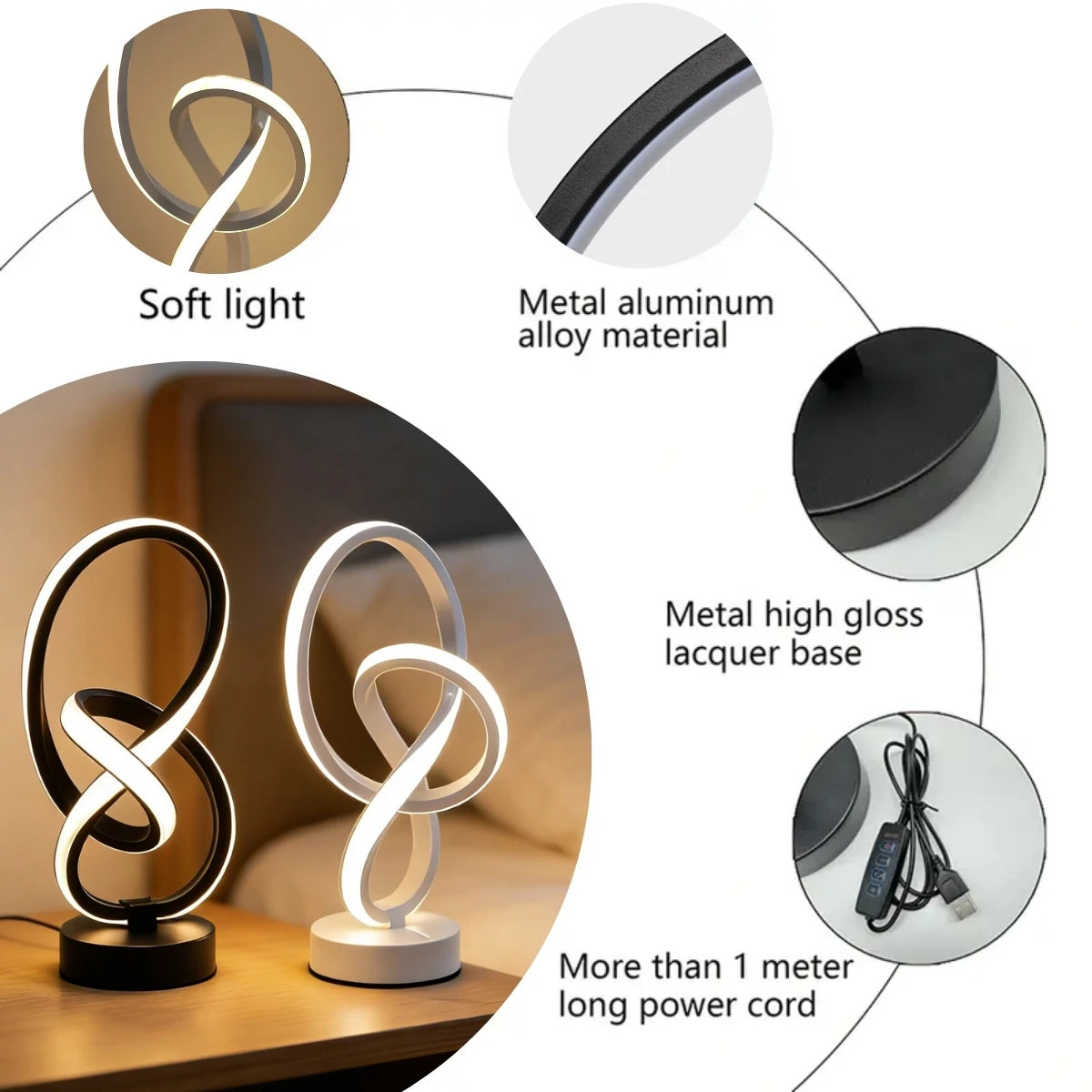 Creative Double Helix Minimalist Bedside Desk Light for Bedroom Living Room & Office