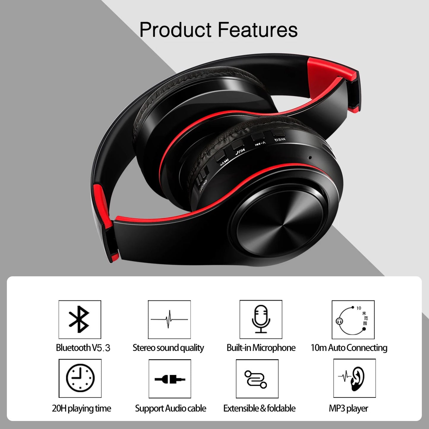 Over-Ear Stereo Wireless Earphone Bluetooth Headphones with Mic & TF Support