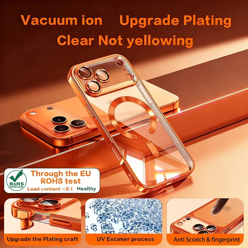 Fashion Orange Magnetic Clear Case For iPhone Air 17 16 15 14 13 12 11 Pro Max Plus Wireless Charge Plating Soft Business Cover