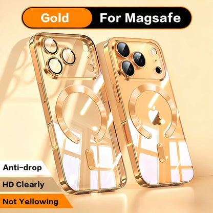 Fashion Orange Magnetic Clear Case For iPhone Air 17 16 15 14 13 12 11 Pro Max Plus Wireless Charge Plating Soft Business Cover