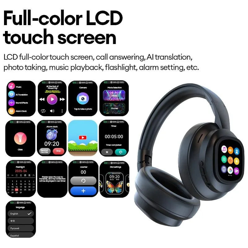AI Touch Screen Over-Ear Wireless Bluetooth Headphones with Noise Reduction