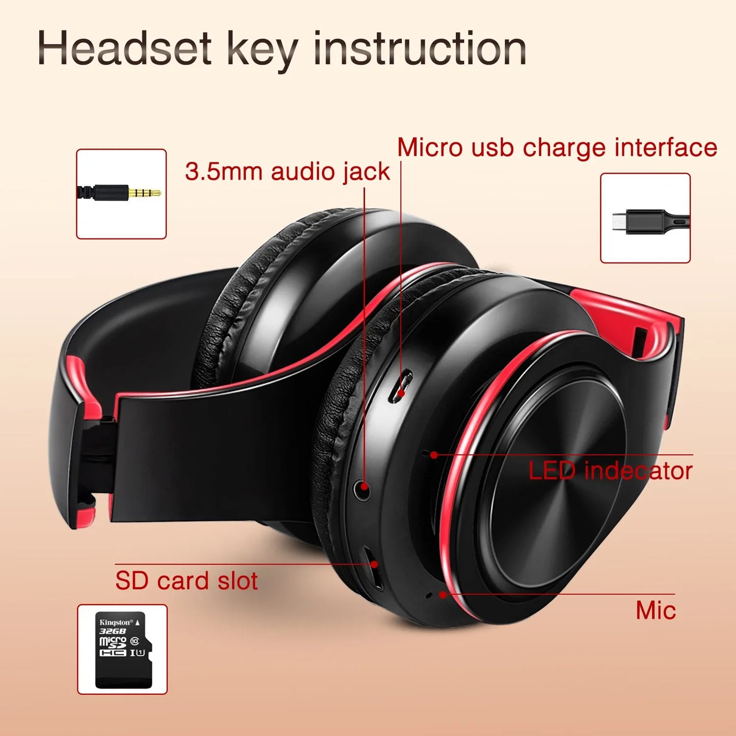 Over-Ear Stereo Wireless Earphone Bluetooth Headphones with Mic & TF Support