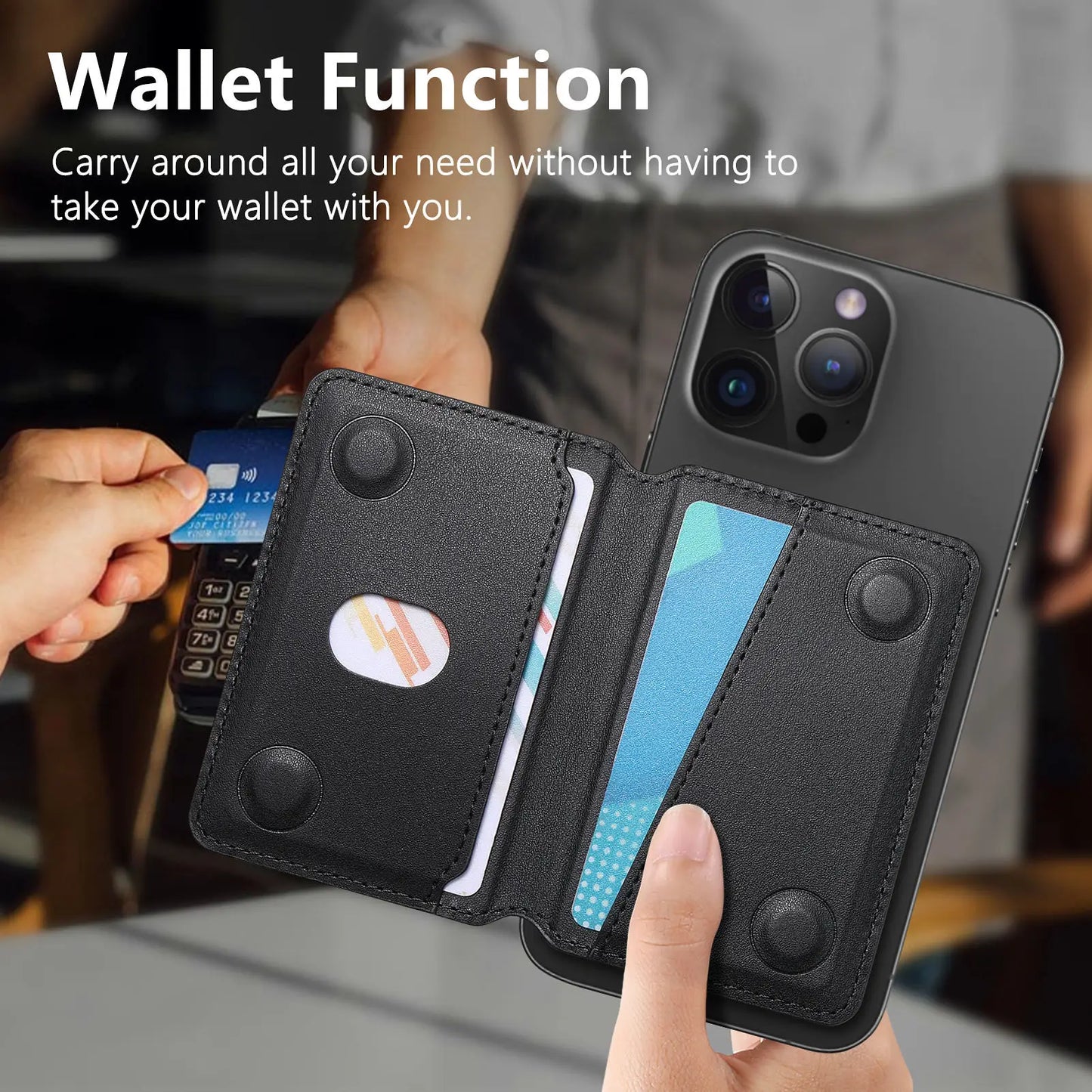 MagSafe Magnetic Wallet Card Holder with Card Slot and Finger Strap