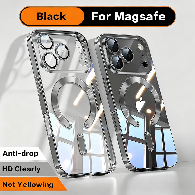 Fashion Orange Magnetic Clear Case For iPhone Air 17 16 15 14 13 12 11 Pro Max Plus Wireless Charge Plating Soft Business Cover