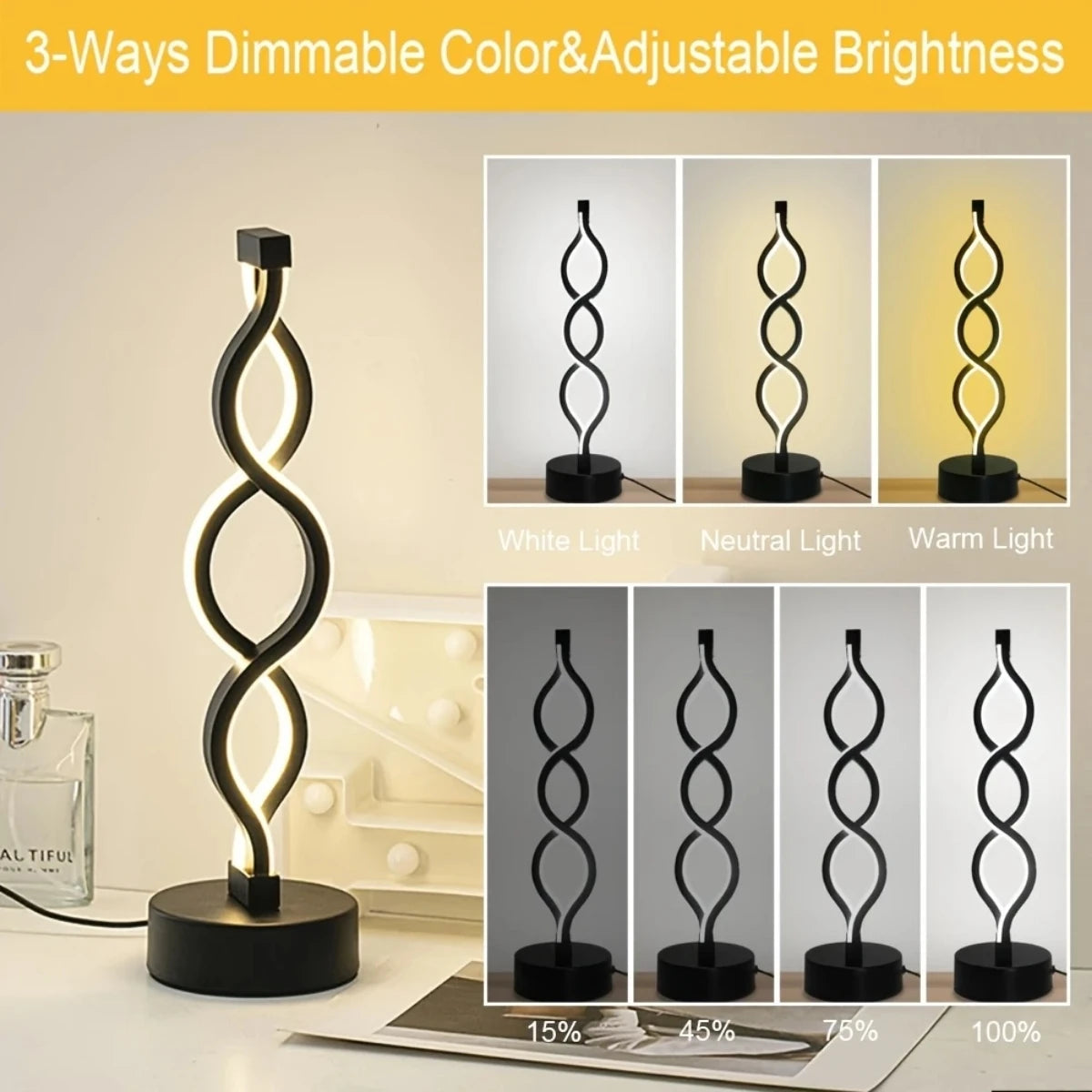 Eye-Caring Light Spiral Bedside Nightstand Lamp for Bedroom Home Decor and Reading