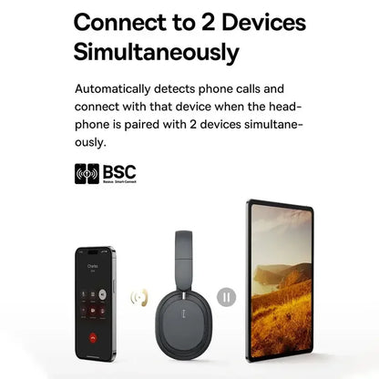 Headphones with a phone and tablet on a white background, featuring BSC technology.