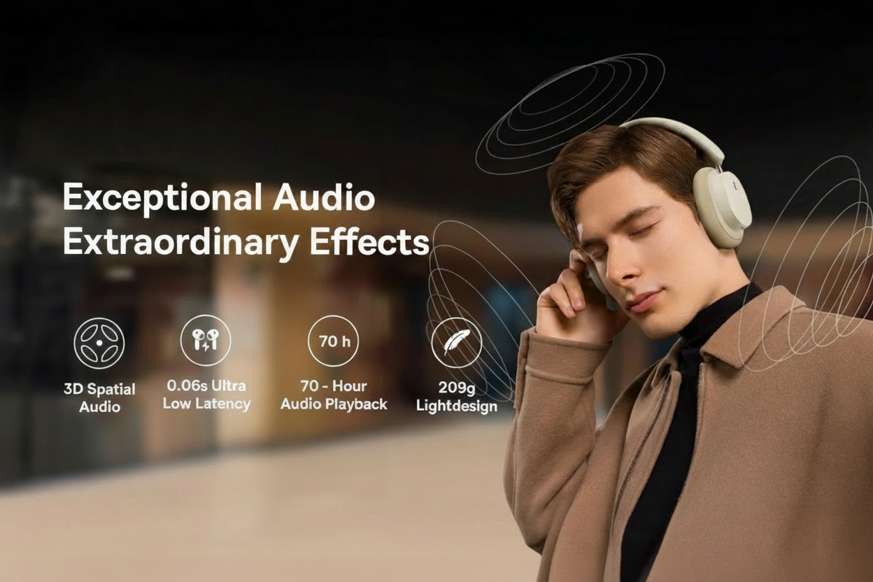 Person wearing headphones with product features highlighted on a dark background